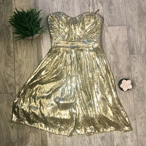 Badgley Mischka Gold Sequin Strapless Corset Dress - Picture 4 of 7